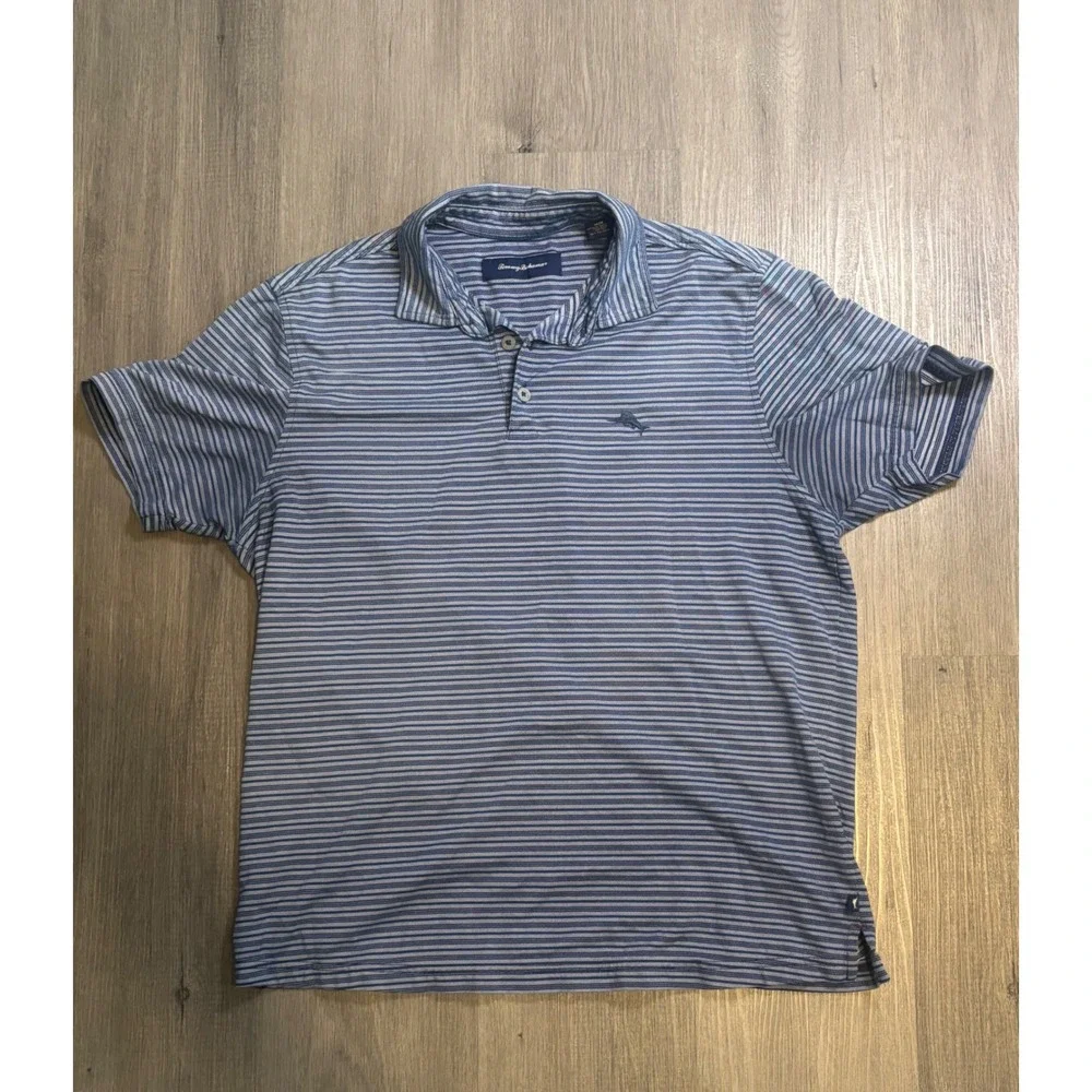 Tommy Bahama Polo Shirt Mens Medium Blue Striped Pima Cotton Blend Short Sleeve